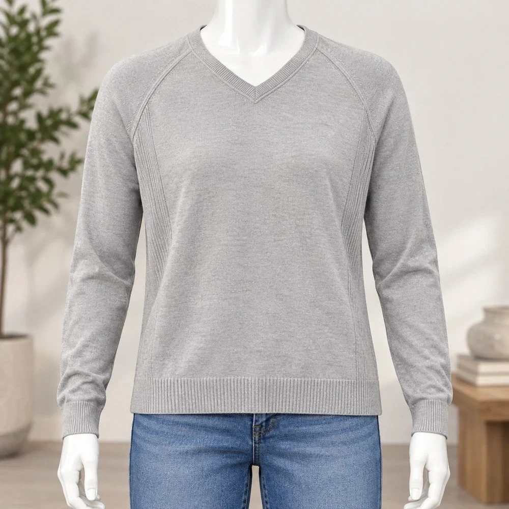 Island Shores V-Neck Sweater Mens XL Gray 100% Cotton Raglan Ribbed Knit